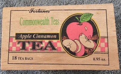 Vintage Wooden Tea Box Decorative Fortunes apple, cinnamon empty. balsa wood.