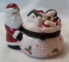 Harry & David Ceramic Santa & Sack w/Toys Trinket Box & Place Card Holder