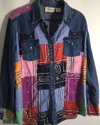 Patchwork Vintage Women's Sz XL Button up Bandana Cowgirl Multicolor Denim Shirt