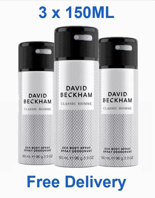 3 x David Beckham Classic Homme Deodorant Body Spray 150ml Men Fresh Scent, UK