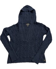 Y2K Vtg Polo Jeans Co Ralph Lauren Navy Cable Knit Hooded Pullover Sweater Small