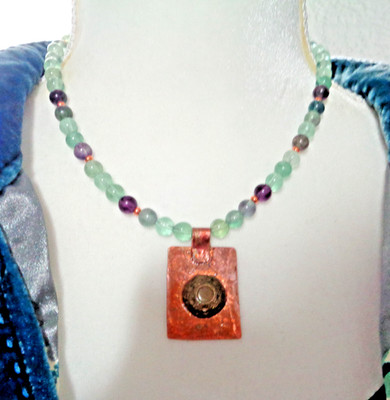 Artisan crafted 1x ¾'' hammered copper tag with antique button on fluorite and co