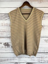 Vintage 1970s Brown Sweater Vest V-neck Orange Striped M/L Retro Preppy