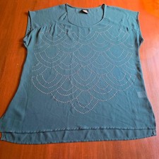 Bobeau Teal Green Studded Scallop Short Sleeve Blouse Small Made in USA