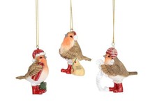 Gisela Graham Set of Three Hanging Festive Robin Christmas Tree Decorations