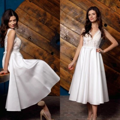 Brautkleid Hochzeitskleid V-Ausschnitt A-Linie Spitze Aufkleber Weiß Ivory - Bild 1 von 4