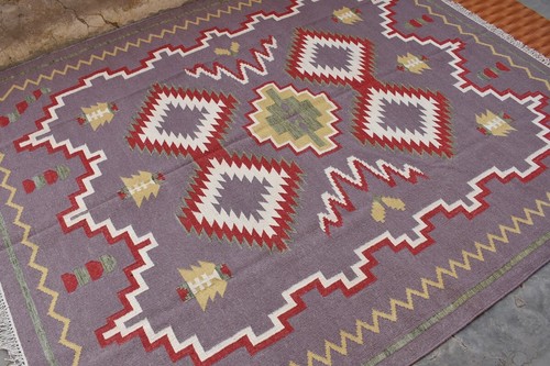 Home Décor Carpet 8x10 Purple Color Wool Kilim Flat Weave Floor Rugs Dhurrie - Picture 3 of 6
