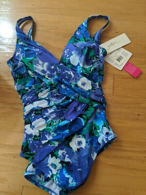 Maillot De Bain Une Pièce Femme Gottex - Taille 8, Motif Fleurs Bleu, Effet Galbant/minceur, NEUF Avec étiquettes