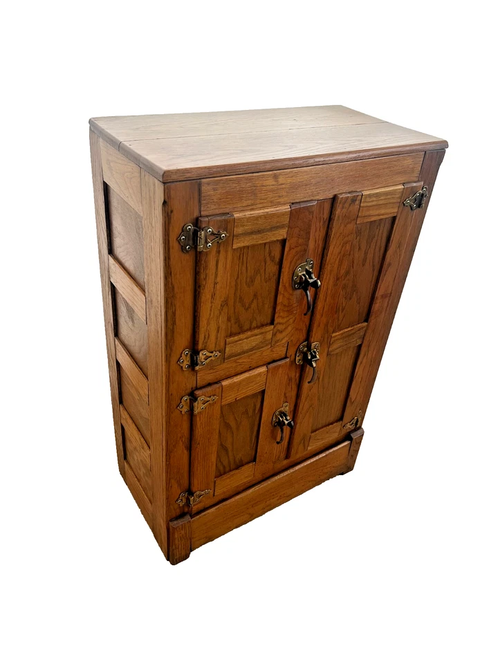 Antigua caja de hielo tres gabinetes de almacenamiento roble latón difícil de encontrar tamaño pequeño Foto 4 de 4