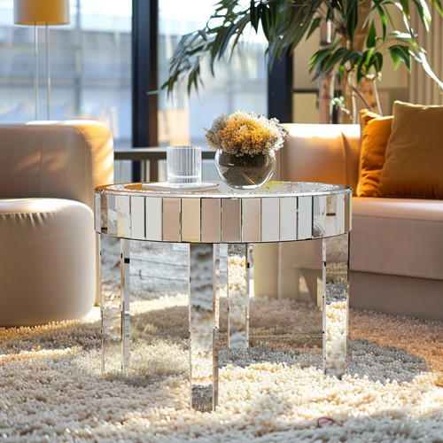 24" Modern Round Mirrored Coffee Table with Sparkle Crystal Inlay Accent Table - Picture 7 of 18
