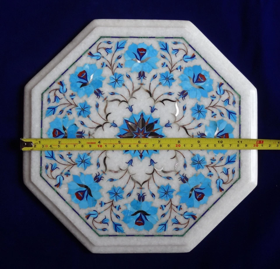 12" Marble Table top Semi Precious Stones turquoise floral inlay Work home decor - Image 4 of 4