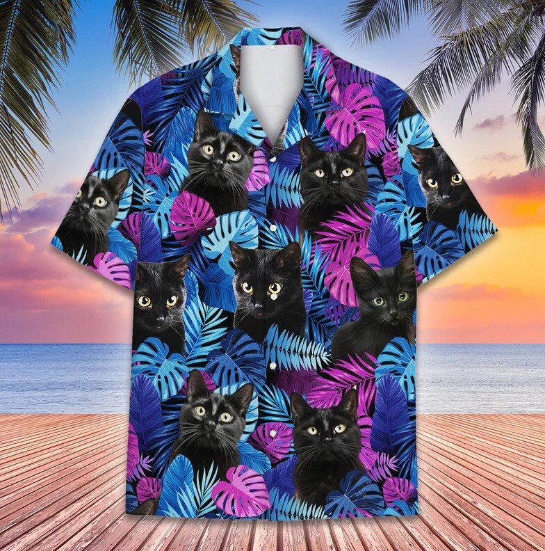 Tropical Black Cat Hawaiian Shirts for Men Women, Summer Beach Cat