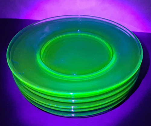 Vintage Uranium Vaseline Glass Salad Lunch Plates Depression Era USA 1930s 6pc