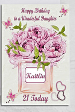 Personalised Birthday Card Pink Peonies in a personalised perfume bottle