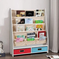 NNECW Wood Bookshelf with 2 Storage Boxes for Storing Books-Beige
