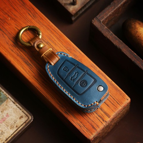 Leather Flip Car Key Case Fob Cover For Audi A1 A3 Q3 A4 A5 A6 A7 Q5 Q7 TT Blue - Picture 3 of 7
