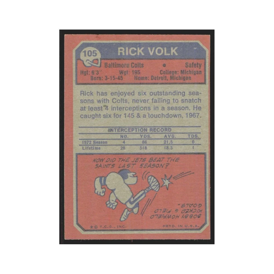 1973 Topps Rick Volk Baltimore Colts #105 - Image 2 of 3