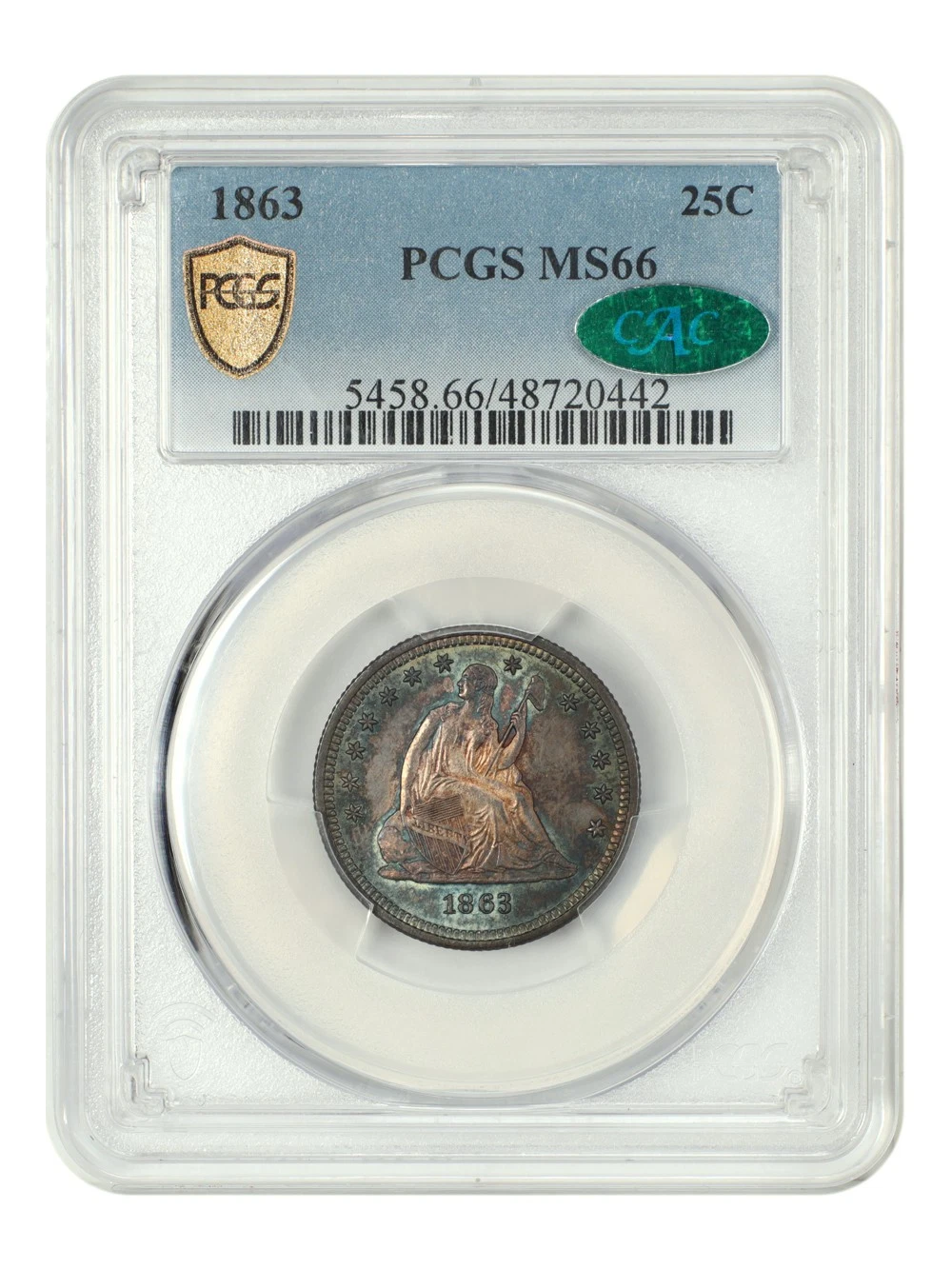 1863 25C PCGS/CAC MS66 - Liberty Seated Quarter