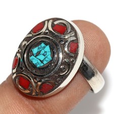 Tibetan Turquoise Red Coral Nepali Tribal Ring Us FreeSize Aesthetic MJ