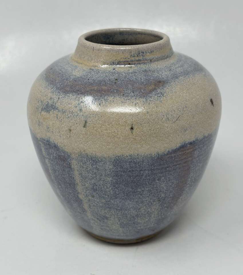 Studio Pottery Vase Blue Beige Drip Matte Hand Thrown Artisan Signed 5"