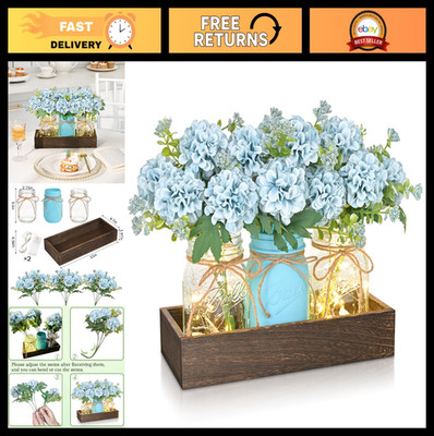 3Pcs Hydrangea Artificial Flowers in Mason Jars with Wood Tray - Farmhouse Table