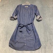 Loft Shirt Dress Women S Blue Denim Pleated Tie Waist Round Neck Roll Tab Sleeve