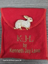Vintage Goldtone Rhinestone Rabbit Brooch Rare KJL Kenneth Jay Lane w bag