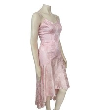 VTG 90s Floral Jacquard Hi Low Trumpet Hem Satin Slip Dress Baby Pink WOMEN'S 4