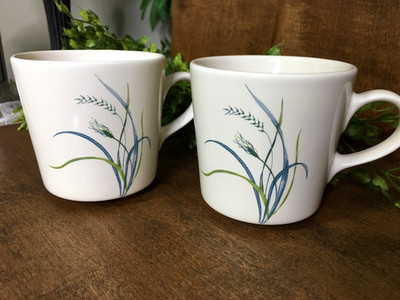 Vintage CORELLE Coordinates Stoneware Coastal Breeze Wheat 2 Coffee Cups Mugs