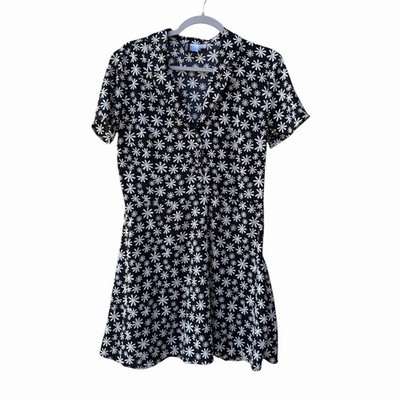 Divided H&M Black White Floral Daisy Print Summer Button Accent Dress Size MED