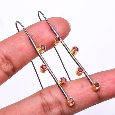 Red Garnet 925 Sterling Silver Black And Gold Rhodium Plated Earring 2.15'' E61