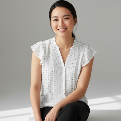 H+M top size 4/sheer/button up/ivory+black circle print/Short sleeves/V neck