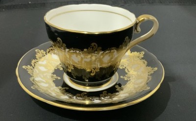 Vintage Aynsley Black and Gold Bone China Teacup and Saucer