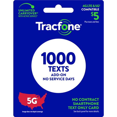 Carte complémentaire texte Tracfone 5 $ 1000 TXT [livraison physique] - Photo 1 sur 5