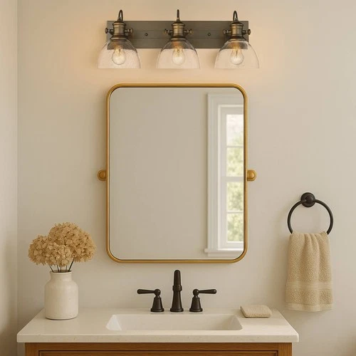 Golden Lighting Hines 25 1/4" Bronze Seeded Glass 3-Light Bath Light - Picture 6 of 7