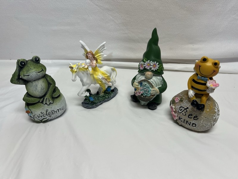 Lot of 4 Brand New Small Garden Figurines Gnome Fairy Unicorn With A Fairy & Bee