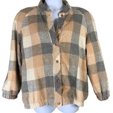 Vintage Size Large Sweater Jacket Wool Blend Tan Jay Button Front Check Orange