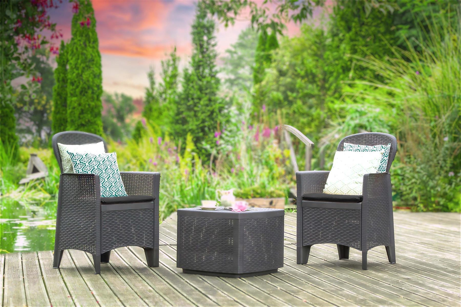 Bistro Patio Garden Furniture Set Patio 3p Black Table 2 Arm Chairs