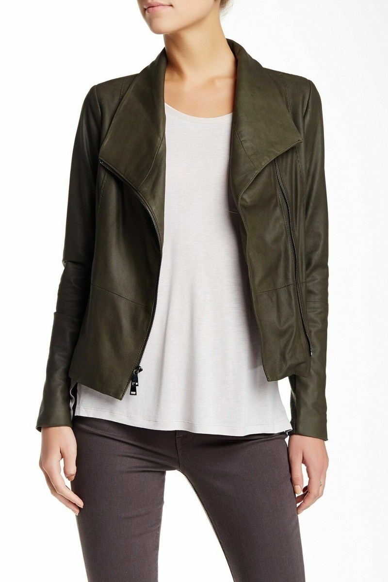 VINCE Brown Scuba Asymmetrical Drape Collar Goat Leather Jacket 
