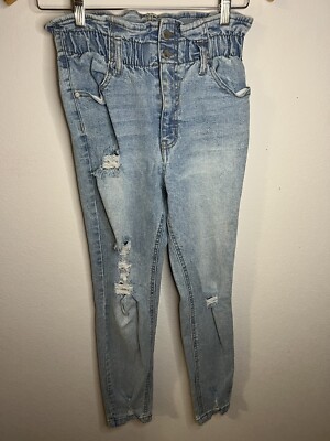 Paperbag Jeans Tinseltown Juniors Size 1 Distressed Light Wash Elastic Waist