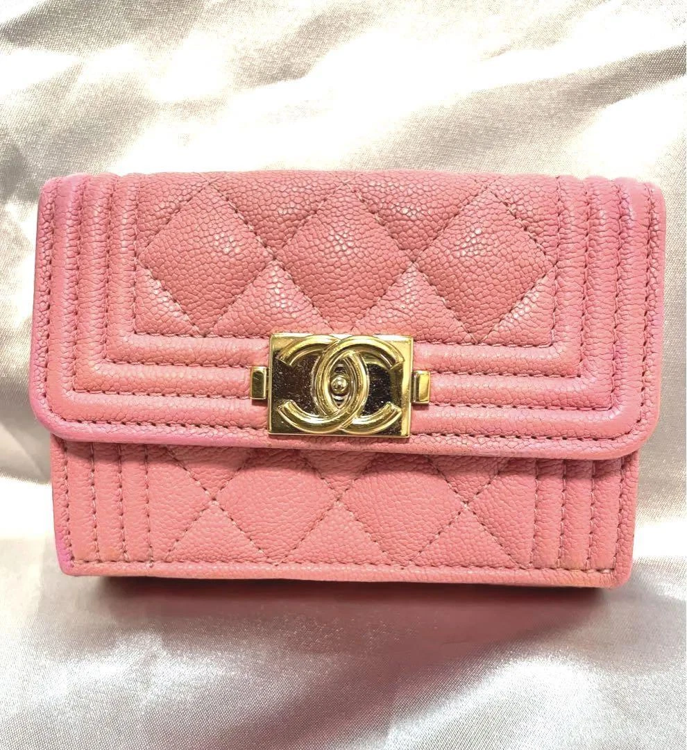 CHANEL Boy Chanel Trifold Mini Wallet Caviar Skin Quilted 10.5cm x 7.5cm x  3cm