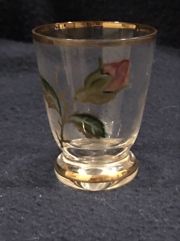 MURMAC Bohemian Crystal Colored Czech. cordial/shooter gold rimmed with rose bud