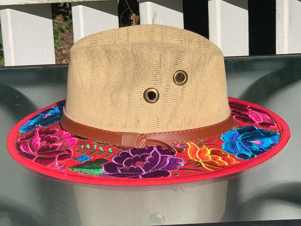 Mexican Artisenal Fedora Jute Hat Floral Stitching Natural  display picture 3