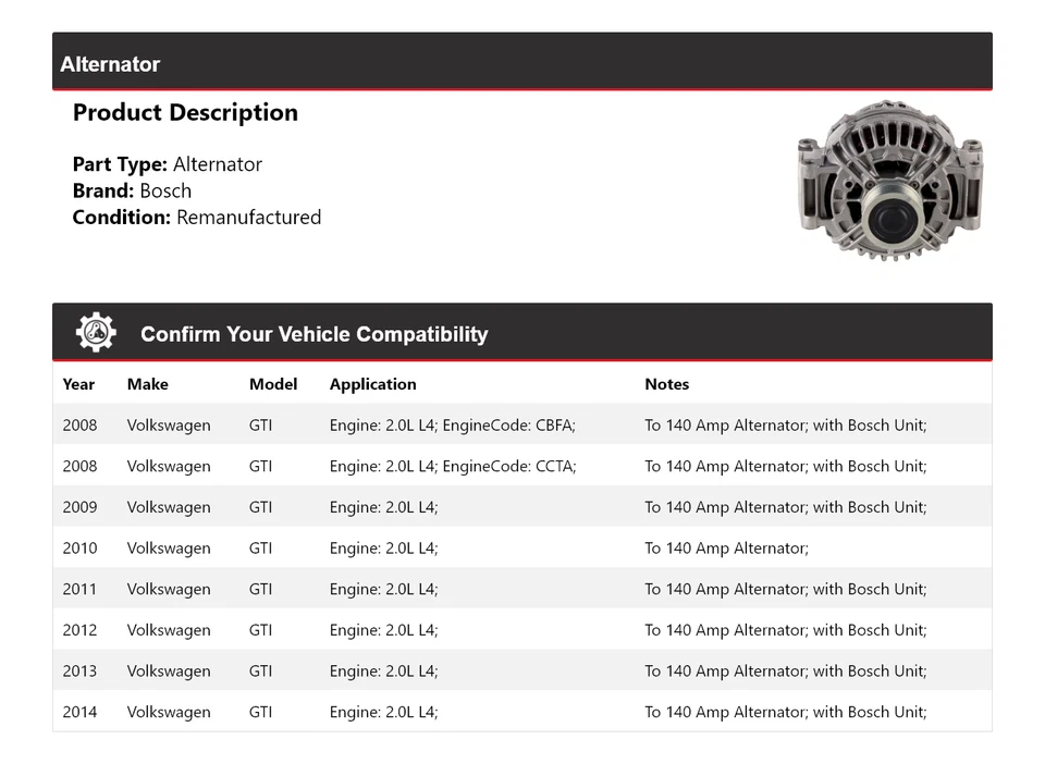 Alternador Bosch para Volkswagen GTI 2008-2014 2,0 L L4 (remanufacturado) 2009 2010 Foto 2 de 4