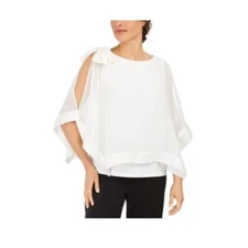 MSK Women L Cream Sequin Bow Shoulder Asymmetrical Capelet Blouse Top NWD AX35