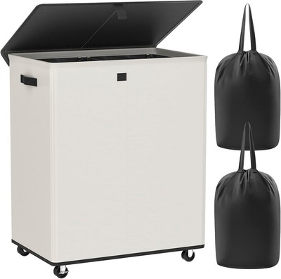 Double Laundry Hamper with Wheels 160L Large Laundry Basket with Lid Rollin...