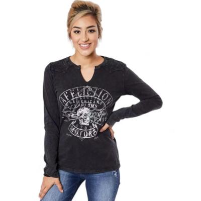 New Women's Affliction Motors American Customs Black L/S w/Stones T-Shirt XS-XL
