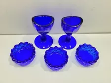 (3) Vintage Cobalt Blue Salt Cellars & (2) Cobalt Blue Eye Wash Cups