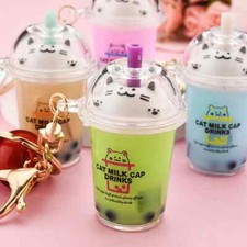 Kawaii Keychain Cute Boba Baby Liquid Fidget Cat Milk Bubble Tea Keychains Wrist