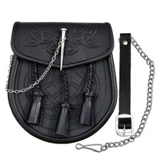 KILT SPORRAN CELTIC EMBOSSED BLACK LEATHER LATCH PIN DETAIL AND CHAIN FOR KILTS